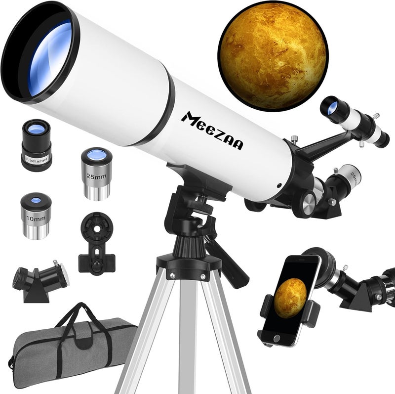 MEEZAA Telescope, Telescope for Adults High Powered, 80mm Aperture 600mm Portable Refractor Telescopes for Astronomy Beginners Fully Multi-Coated Optic High Transmission with Phone Adapter & Carry Bag - Image 1